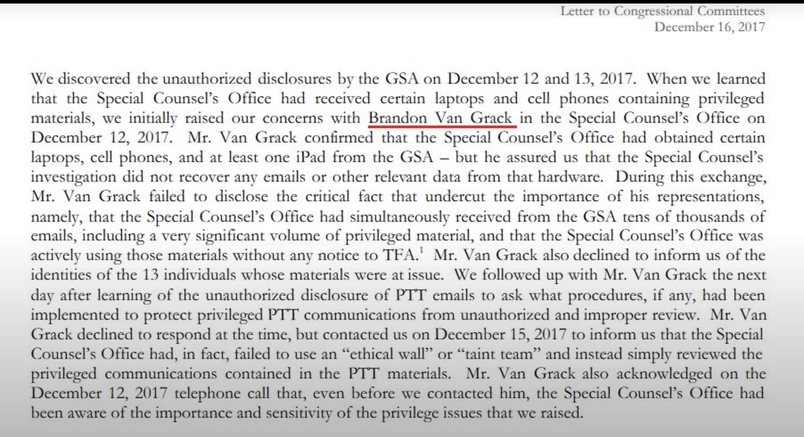 Page from the Dec. 16, 2017 Letter to Congressional Committees with Brandon Van Grack underlined in red